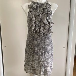 Eci Black and Ivory Ruffle Front Open Back Sleeveless Dress